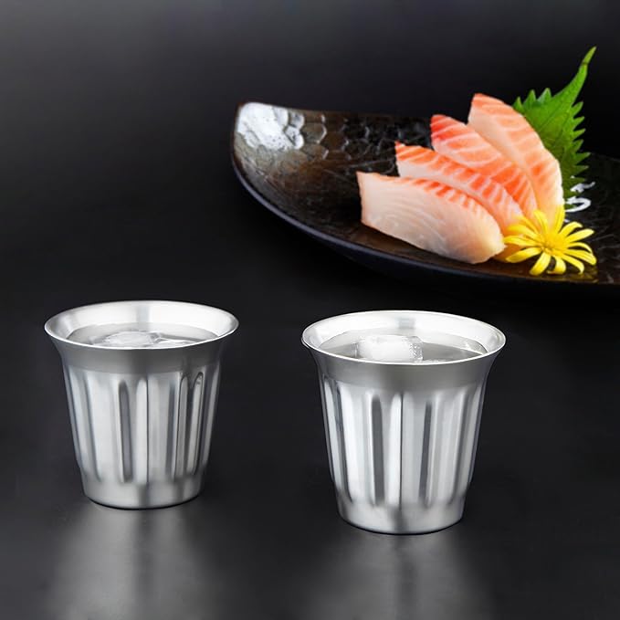 Easyworkz Stainless Steel Espresso Cup 2pcs Set Double Wall Insulated Metal Demitasse Cups (Chrome, 5 oz/Striped)