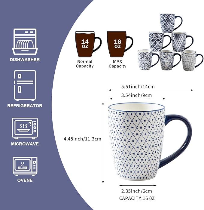 Ceramic Coffee Mugs Set - 16 Oz Large Porcelain Tea Cups with Handle for Men Women Latte Cocoa Cappuccino - Christmas Housewarming Gift - Dishwasher Safe - Set of 6 - Vintage Blue - Image 4
