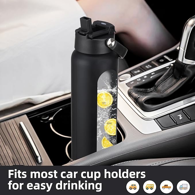 24 oz Glass Water Bottle with 2 Lids-Handle Straw Lid & Bamboo Lid,1 Liter Motivataional Tumbler Water Bottle Time Marker, Borosilicate Glass Water Bottles With Silicone Sleeve, Leakproof