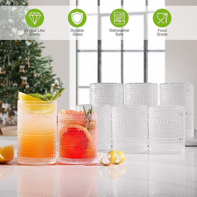 Drinking Water Glass Cups Set,Crystal Hobnail Glass set of 8,15oz&12oz | Unique Design Vintage Tall Glass Cups Sets for Whiskey,Cocktail,mocktails - Image 7