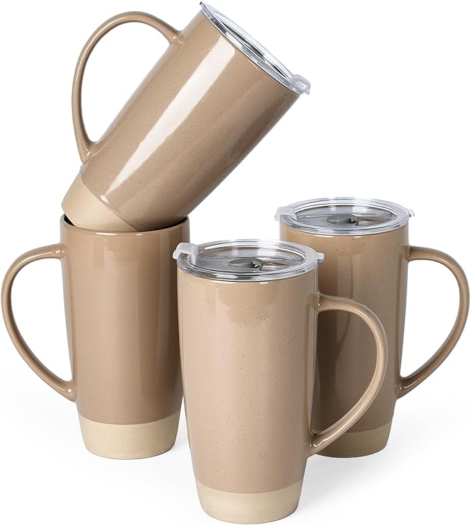 famiware Milkyway Coffee Mugs, 20oz Large Coffee Mug, Ceramic Mug Set of 4 with Lid, Cup Set with Handle for Latte, Tea, Cocoa, Milk, Home & Office, Cinnamon Brown by Famiware