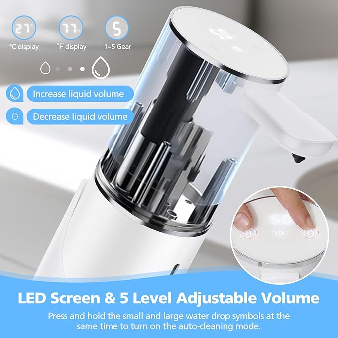 Automatic Foaming Soap Dispenser Touchless, 15.55 oz/460mL USB C Rechargeable Hand Sanitizer Dispenser with Auto Clean, 5 Adjust Volume,°C&℉ display, Waterproof Pump for Bathroom Kitchen (White)