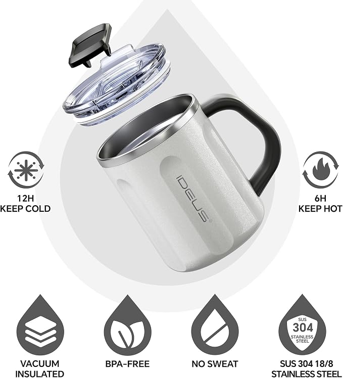 Ideus 16 oz Insulated Coffee Mug with Handle and Lid, Double Wall Stainless Steel Vacuum Thermal Coffee Mug, Travel Coffee Cup Thermal Cup for Home and Office, Snow White-FUJI FLOW - Image 2