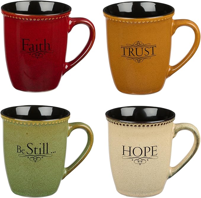 Christian Art Gifts Set of Four Rustic Stoneware Coffee/Tea Mugs w/Bible Verses Sage Green, Ivory, Paprika Red, Pumpkin Orange Inspirational Coffee/Tea Cup for Men and Women - Image 2