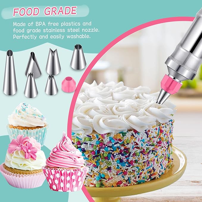 Dessert Decorating Syringe Set, Pink Icing Decoration Set Stainless Steel Cupcake Injector/Decorating Icing Set with 6 Nozzle, 3 Scrapers, 2 Brushes for Baking Biscuit Cake Decoration