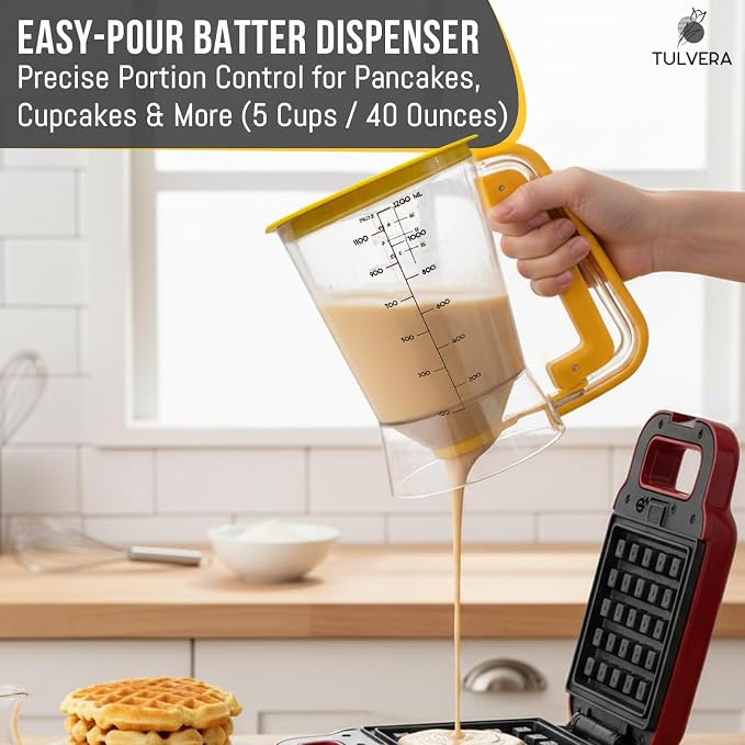 Pancake Batter Dispenser | 5-Cup Mix Pourer for Pancakes, Waffles, Crepes, Muffins, Cupcakes | Squeeze Handle, Portion Control Pitcher, Durable Drip-Free Design | Baking Accessories (Classic Yellow) - Image 2