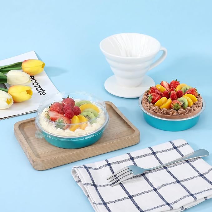 Beasea Aluminum Cupcake Pans With Lids 100 Pack, 7.3oz Disposable Baking Cups, 215ml Aluminum Foil Pie Tart Pans Tins Round Mini Oven Dish For Cake Tart Quiche Individual Dessert - Blue Green - Image 6