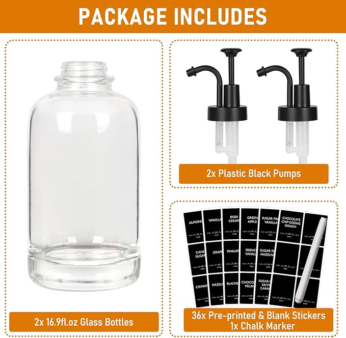 Coffee Syrup Dispenser 16.9 Oz 2 Pack, 500ml Glass Bottle with Black Plastic Pump for Coffee Bar, Includes 36 Stickers & Marker - Reusable Syrup Bottles