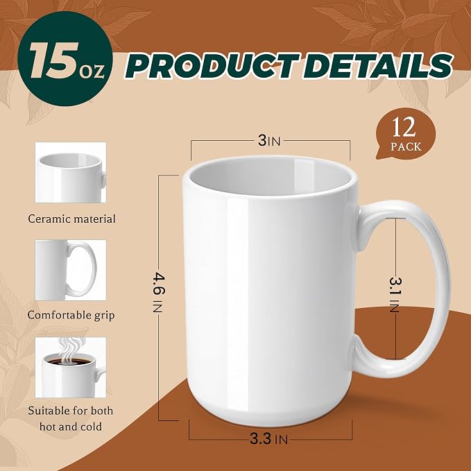 Joyclub Sublimation Mugs Blank 15 oz Coffee Mugs Bulk White Ceramic Cups with Handle Tazas Para Sublimar for Coffee Latte Tea Milk Soup DIY Gifts - Image 3