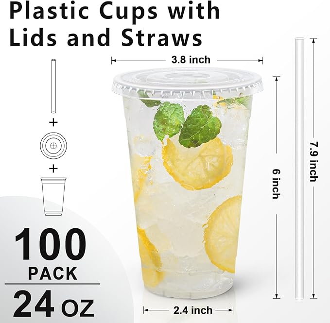 Lamosi 100 Pack 24 oz Clear Plastic Cups with Lids and Straws, Disposable Plastic Coffee Cups with Lids for Iced Coffee, Cold Beverages, Smoothies and To-Go Drinks
