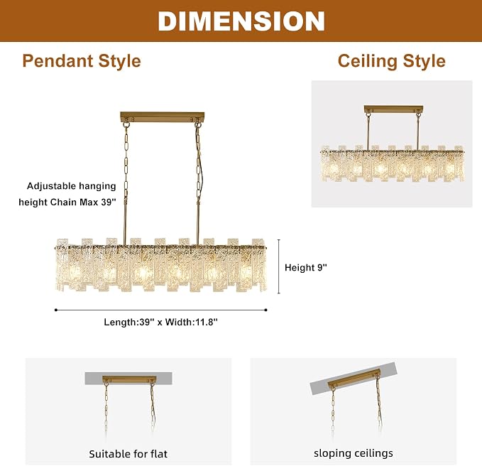 L39 inch Gold Rectangle Crystal Chandelier, Modern Rectangular Water Ripple Glass Dining Room Chandeliers Light Fixture, 6-Lights Hanging Pendant Light for Kitchen Island, Living Room - Image 5