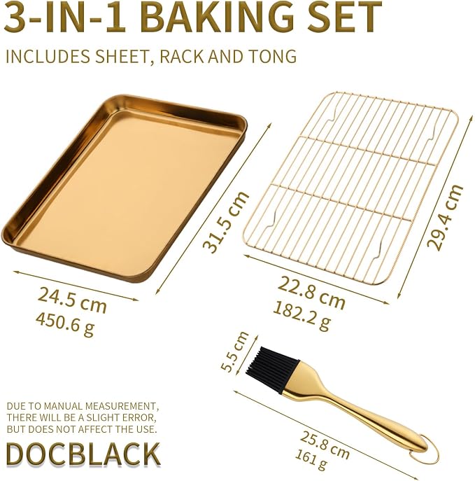 DOCBLACK Baking Sheet with Wire Rack and Silicone Pastry Basting Brush Set, Stainless Steel Cookie Sheet Baking Tray & Cooling Rack & Silicone Food Brush for Cooking and Oven, Dishwasher Safe-Gold - Image 2