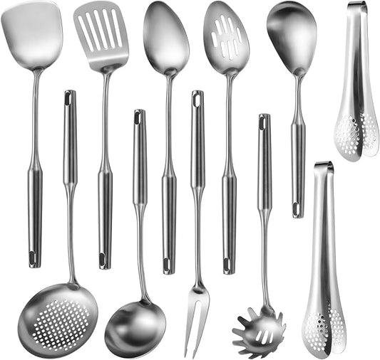 304 Stainlss Steel Kitchen Utensils Set, 11 Pcs Long Metal Cooking Utensil Gadgets Tools Set with Spatula, Ladle, Spoon, Ladle, Skimmer, Tunner, Pasta Server, Tongs(Silver, Dishwasher Safe) by Lazycorner