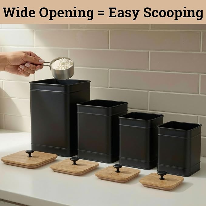Kitchen Canisters for Countertop Set of 4 w/ Chalkboard Labels & Marker Pen | Airtight Easy Open Bamboo Lids, Dent-Resistant Thick Metal, Customizable Chalkboard Labels, Marker Pen Included, Set of 4 - Image 8