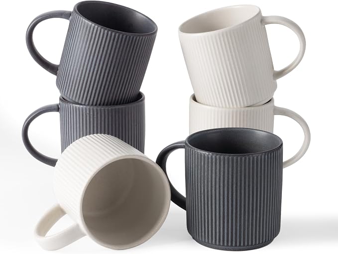 famiware Coffee Mug Set for 6, Star 12 oz Catering Mugs Cup Set with Handle for Coffee, Tea, Cocoa, Milk - Ceramic Stoneware Drinkware Set, Matte White + Matte Black by Famiware