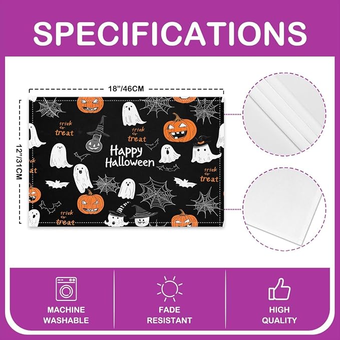 Feelyou Happy Halloween Placemats Set of 4 Ghost Pumpkin Table Mats for Party Kitchen Dining Decoration Holiday Seasonal White Black Orange Place Mat for Dinner Table Indoor Outdoor 18"x12" Cobweb - Image 4
