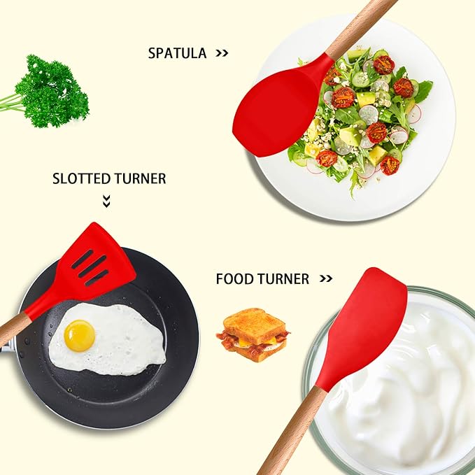 MIBOTE Silicone Cooking Kitchen Utensils Set, Wooden Handle, Red | BPA-Free, Non-Toxic Silicone Turner, Tongs, Spatula, Spoon Set – Great for Nonstick Cookware, Heat-Resistant, Easy Clean - Image 3