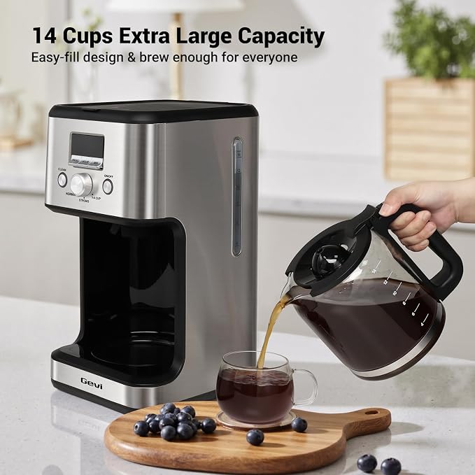 Gevi 14-Cup Drip Coffee Maker, Programmable Timer, 2H Warm, Strong Brew | 14-Cup Drip Maker for Normal & Strong Brew, 2H Keep Warm, Pause & Serve, Auto Shut-Off for Home & Office, Glass Carafe - Image 4