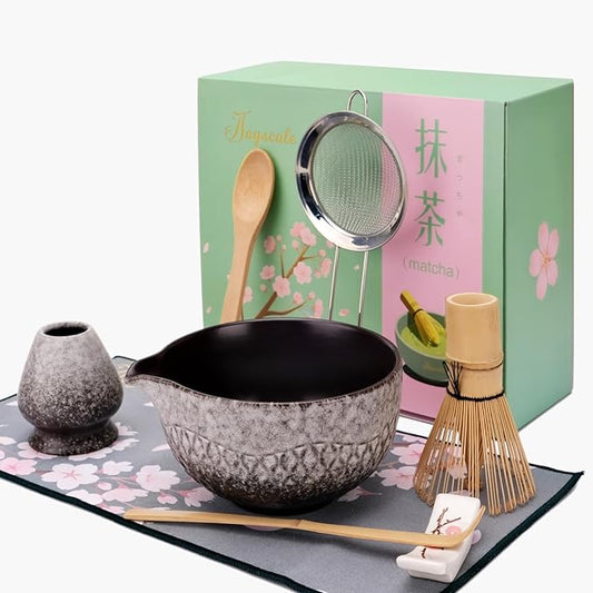 Joyscale Matcha Whisk Set, Matcha Set Whisk And Bowl, 8 Pcs Matcha Kit Set(Texture Design), 16 OZ, Japanese Matcha Tea Set, Matcha Making Kit Gifts for Tea Lovers(Kiln White)