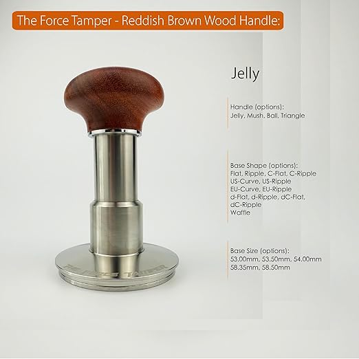 The Force Tamper Automatic Impact Adjustable Constant Pressure and Autoleveling Coffee Tamper Reddish Brown Jellyfish Wooden Handle Set Pro (Standard Set, 58.50mm)