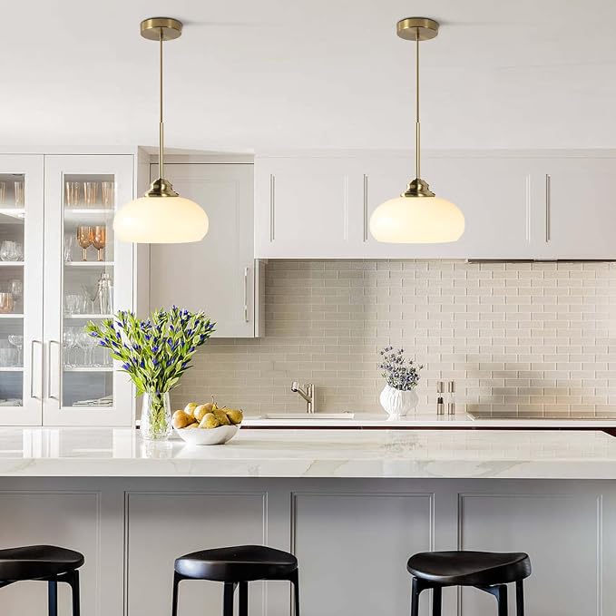 KCO Lighting White and Gold Pendant Light Milk Glass Hanging Light Fixtures Small Dome Pendant Light Brass Pendant Lighting - Image 5