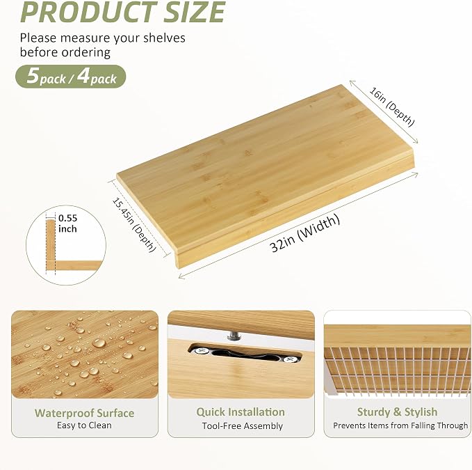 Wire Shelf Covers, Bamboo Wire Rack Covers for Pantry, Closet，Kitchen (5pcs, 32" W x 16" D, Natural) - Image 2