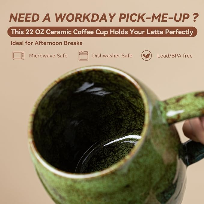 Handmade 22oz Ceramic Coffee Mug, Ergonomic Large Handle, Ideal Gift for Coffee Lovers, Microwave & Dishwasher Safe (Minute-Green&Blue) - Image 6