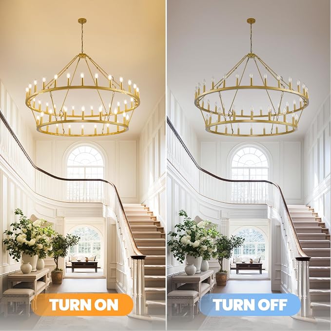 55 Inch Gold Wagon Wheel Chandelier,2 Tier 48-Lights Farmhouse Chandelier for Living Room,Round Rustic Dining Room Light Fixture,Extra Large Foyer Chandeliers for High Ceilings,for Staircase,Entryway - Image 6