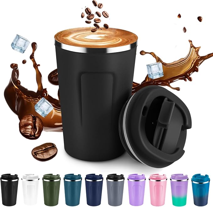 Volhoply 12 oz Double Wall Insulated Vacuum Travel Coffee Mug with Flip Lid,Reusable Stainless Steel Leak Proof Coffee Cup,Portable Iced Cafe Thermal Tumbler Suitable for Hot&Cold Drinks(Black,1 Set) by LiveFully%EF%BC%8CDrinkFreely%E2%80%94KeepGoingwithVolhoply%EF%BC%81