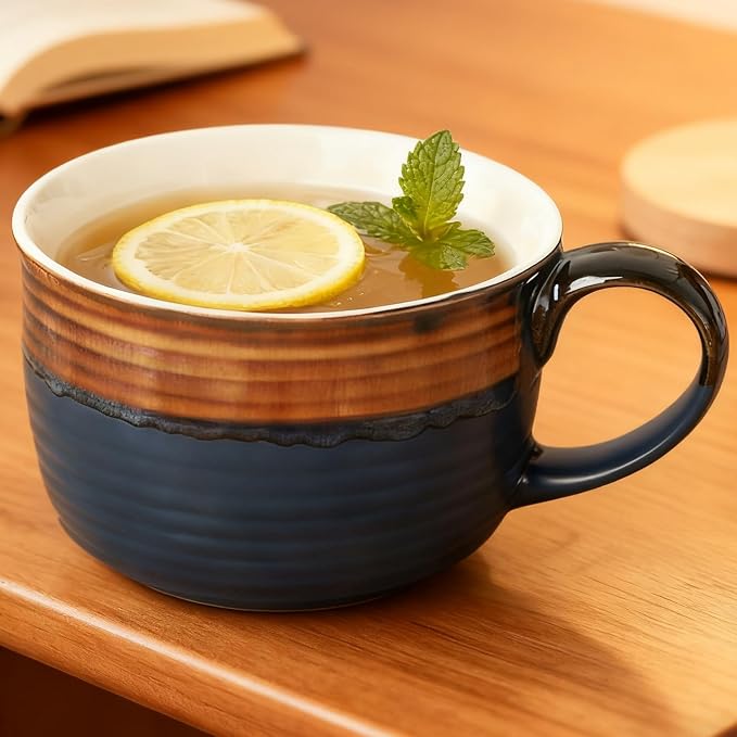 Disoza Blue & Brown Large Ceramic Soup Mug with Handles 24 OZ Oversized Bowl Porcelain 700 ML Coffee Tea Cup XXL Cereal Soups Ramen Salad Bowl by DISOZA