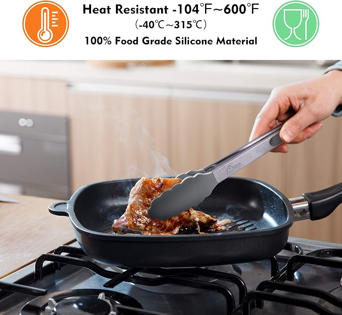 HOTEC Premium Stainless Steel Locking Kitchen Tongs with Silicon Tips, Set of 2-9" and 12" Light Grey - Image 2