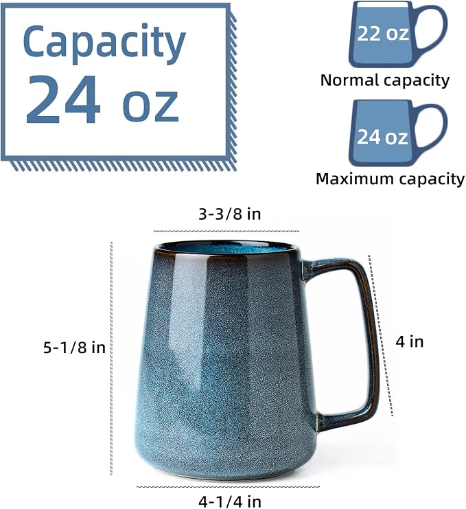 24 oz Large Ceramic Coffee mugs, Extra Large Cup, Big Handle (24 oz blue) | Extra Large Tea and Coffee Cups, Large Handle Coffee Mug for Office and Home, Microwave and Diahwasher Safe - Image 2