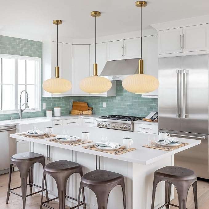 KCO Mid Century Modern Gold 12” Large White Milk Ribbed Glass Pendant Light | E26 Base, Adjustable Height, Lantern Shade Vintage Brass Hanging Light for Sloped Ceiling Kitchen Island Sink Dining Room Bar - Image 5