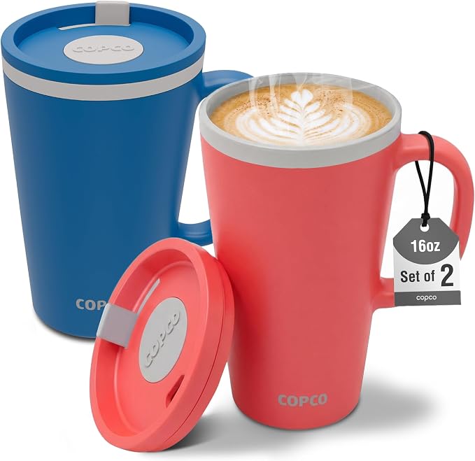 Copco Cone Desk Mugs, 16 Oz - Coral Red & Blue, Set of 2 | Double Wall Insulated Mugs with Twist Lids, Spill Resistant Drinkware with Handles for Home Office, Work, Tea & Beverages by Copco