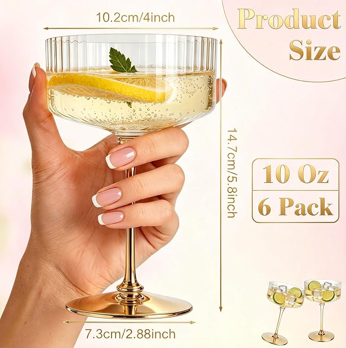 PLULON 12 Pcs Plastic Coupe Martini Glasses Cocktail Champagne Cup 10 Oz | Ribbed Transparent with Gold Stem Martini Espresso Glasses for Bar Drinking Gifts Wedding Birthday Party, Detachable Cup - Image 3
