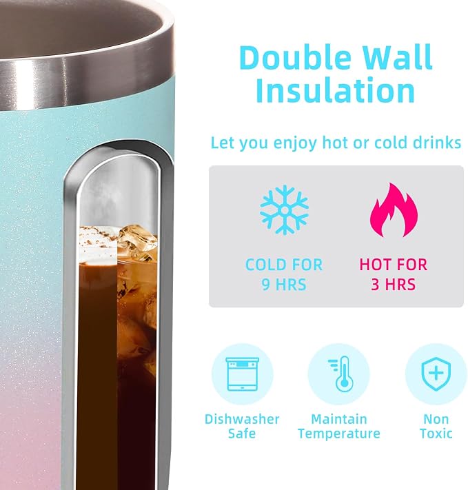 Volhoply 14oz Insulated Stainless Steel Coffee Mug with Lid Bulk 2 Pack,Double Wall Vacuum Travel Coffee Cup with Handle,Reusable Cups Tumbler,Camping Mugs Keep Hot,Ideal Gifts(Green Pink,2) - Image 3
