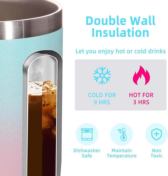 Volhoply 14oz Insulated Stainless Steel Coffee Mug with Leakproof Lid,Double Wall Vacuum Travel Coffee Cup with Handle, Reusable Cups Tumbler,Camping Mugs Keep Hot, Ideal Gifts(Green Pink,1 Set) - Image 3