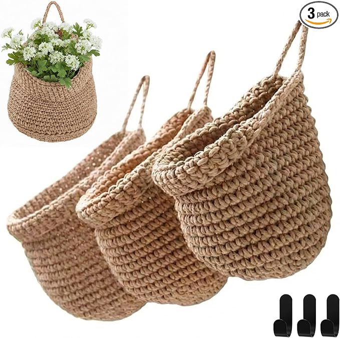 Honeydak Boho Decor Hanging Wall Baskets for Kitchen 3 Pack Teardrop Baskets with Hooks Storage Fruit Onion Vegetable Potato for Home 3 Sizes(Light Linen,Barrel,Cotton Rope) by Honeydak