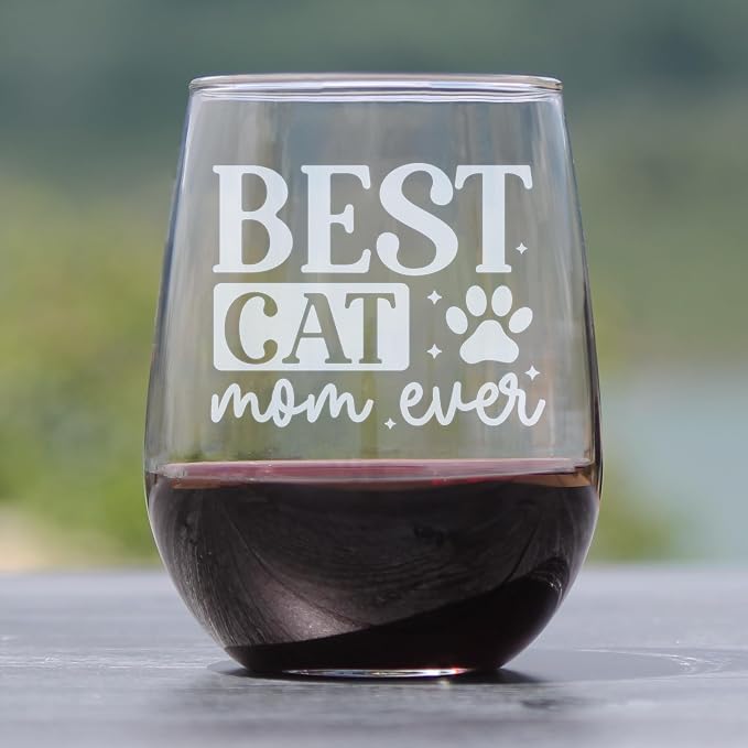 Best Cat Mom Ever Engraved Stemless Wine Glass 17oz, Etched Lover, Pet Glassware, Unique Feline - Image 2