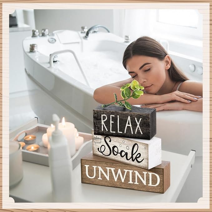Moucuny 4 Pcs Bathroom Shelf Decor Sign Farmhouse Bathroom Decor and Accessories Rustic Eucalyptus Leaves Wood Block Sign Gift Relax Soak Unwind Farmhouse Table Centerpiece for Home Toilet - Image 4
