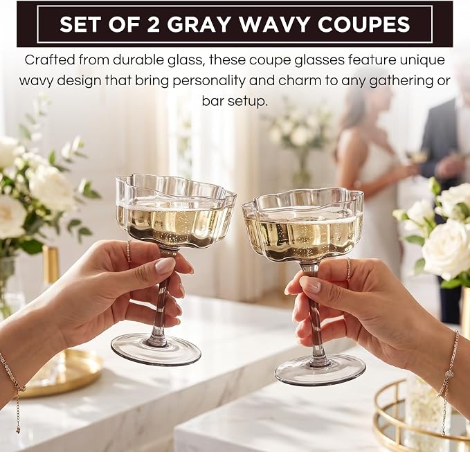 Khen Flower Vintage Wavy Glass Coupes Martini, Champagne & Cocktail Coupes - Set of 2-7oz Colorful Cocktail Glasses & Champagne, Prosecco, Mimosa Glassware Copyright Design - Gray - Image 3