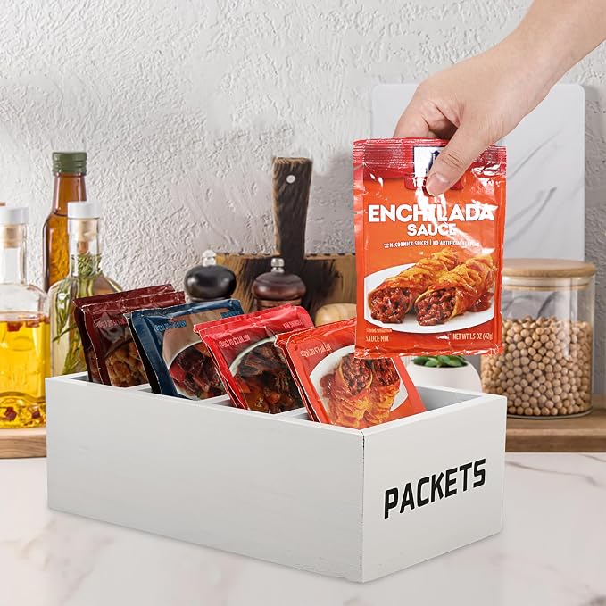 BSTKEY Seasoning Packet Organizer, Food Packet Storage Organizer with 4 Compartments, White Wooden Storage Caddy for Kitchen Pantry Cabinet, Farmhouse Kitchen Organization Bins for Snack Spice Packets - Image 5