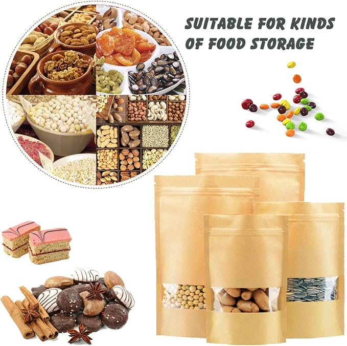 100 Pcs Resealable Stand Up kraft Paper Bags with Window for Packaging Products, Reusable Zip Lock Food Storage Pouch Bags (6.7" x 9.4") - Image 2