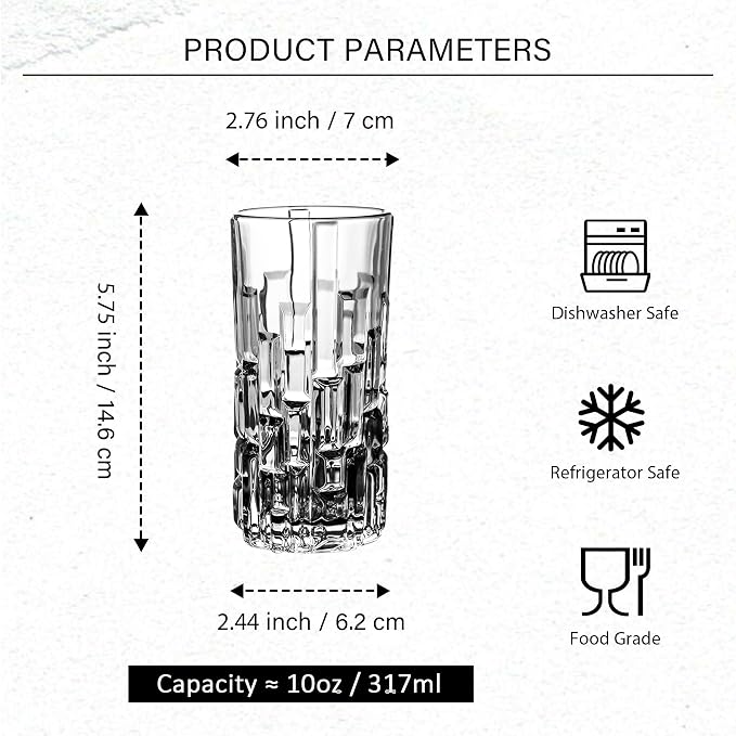 Highball Glasses Set of 6, Water Glasses, Collins Tall Beverage Cups Glassware for Drinks, Water, Beer, Soda, Cocktail 10 OZ - Image 2
