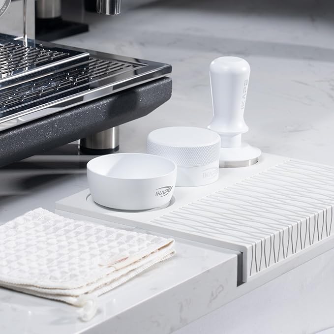 IKAPE 51MM Coffee Tamper Set White 6 IN 1, Espresso Tamper Kit, Espresso Accessories Kit with Tamper, Distributor, Magnetic Dosing Funnel, Silicone Mat, Bar Cleaning Towel