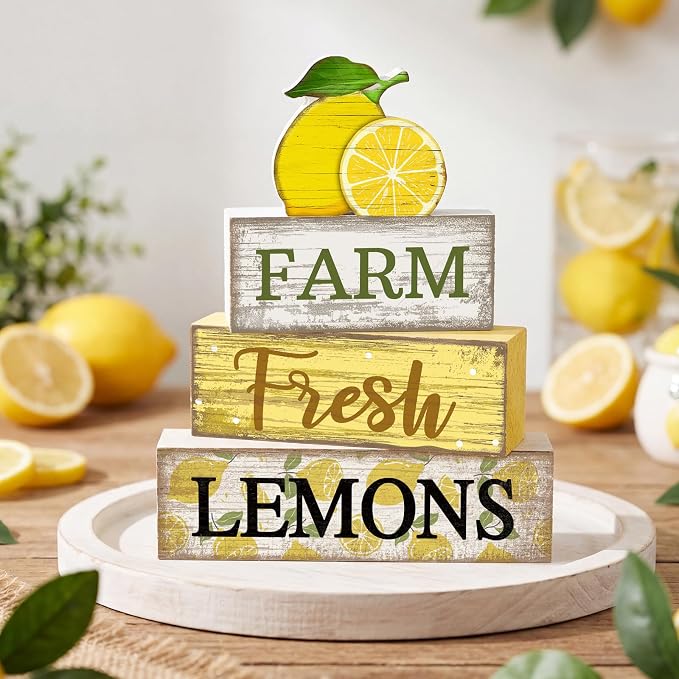 Moucuny 4 Pcs Summer Lemon Decor Summer Table Decorations Farm Fresh Lemons Wooden Stacked Block Decor Rustic Summertime Tiered Tray Decoration Fruits Centerpiece for Home Kitchen Dining Room Mantel - Image 7