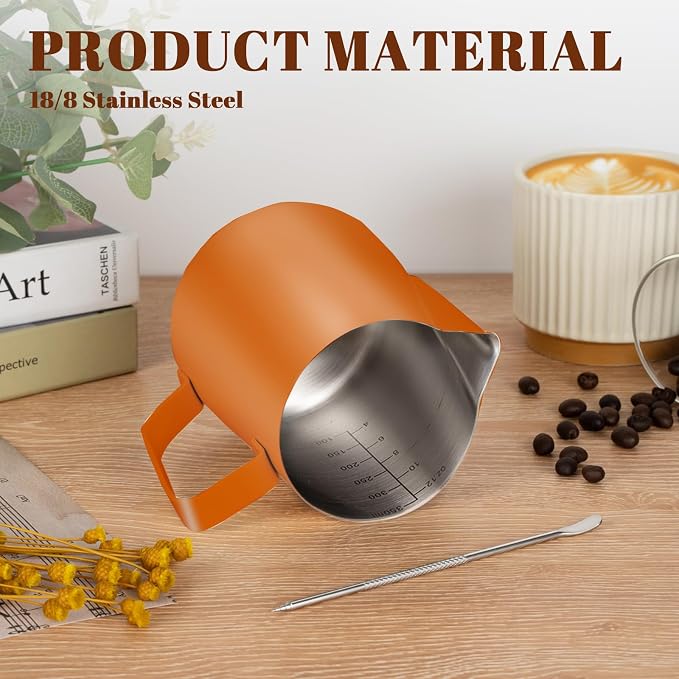 Amrules Milk Frothing Pitcher, 12 oz Milk Frother Cup with Clear Scale, 304 Stainless Steel Cappuccino Espresso Machine Accessories for Barista Coffee Bar with Latte Art Pen, Orange - Image 5