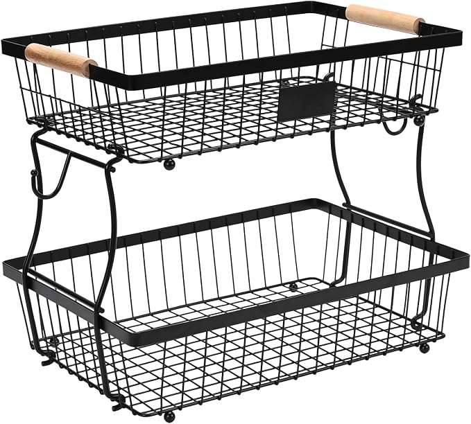 Fruit Basket Bowl 2 Tier Detachable with 2 Banana Hangers, Fruit Stand Holder for Kitchen Countertop, Metal Wire Vegetable Storage Organizer, for Bread Snack Veggies Produce, Black by Lawhood-Mijin