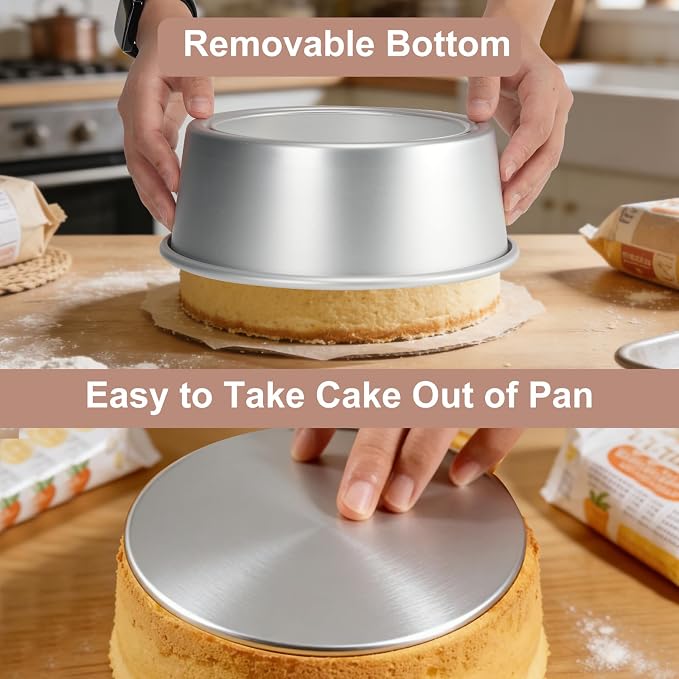 Round Cake Pan with Removable Bottom, Set of 3 (6 x 3 inch/8 x 3 inch/10 x 3 inch), Aluminum Baking Pans for Layer Cakes, Evenly Heating Tools for Home Kitchen, Tapered Side - Image 2