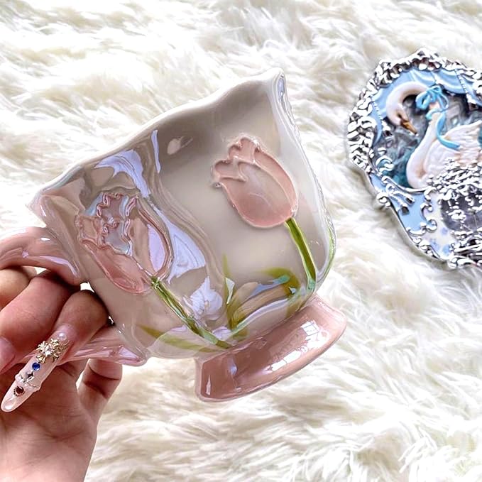 Ceramic Coffee MugEspresso Cup 14oz Pink Cute Flower withSpoon | novelty coffee mug，Glazed Ceramic Smooth Glossy Surface Lead ，Comes with Matching Spoon ，cute mugs for women - Image 6